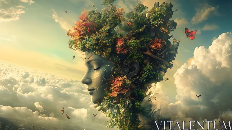 Skyborn earth goddess merges foliage and human form.