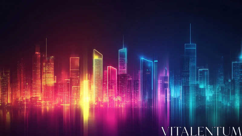 Vibrant neon futuristic city skyline over dark horizon.