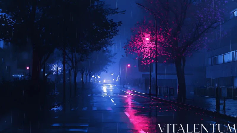 Moody rainlit street glowing with soft neon cherry lights.