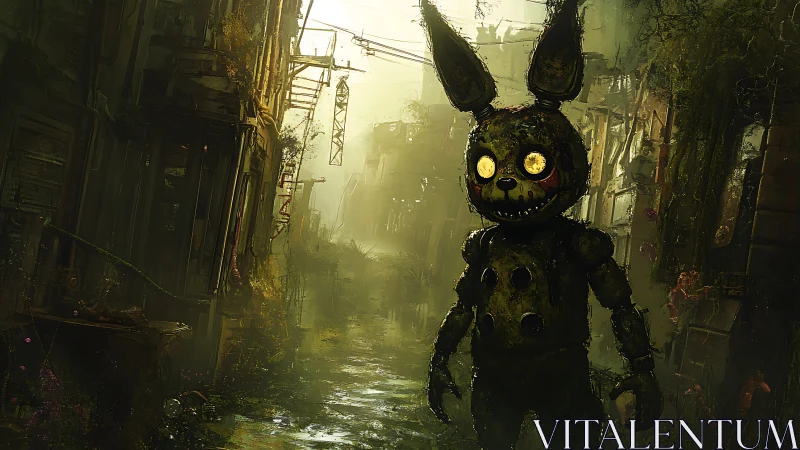 Rotten rabbit sentinel haunts a fog soaked ruined alleyway.