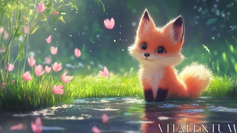 Baby fox beside reflective forest stream with falling petals