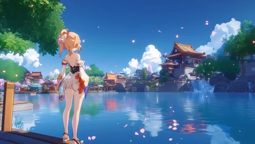 Sunlit anime traveler enjoys a peaceful lakeside temple view