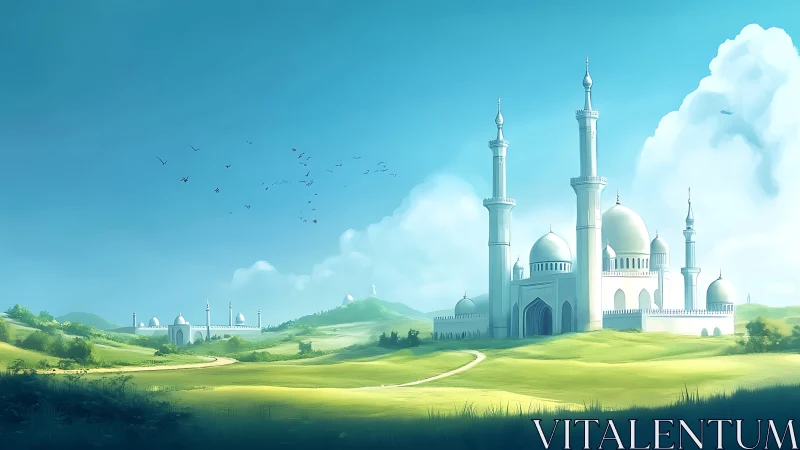 Sunlit white mosque rises over serene emerald hills at dawn