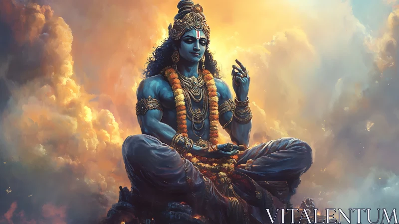 Blue-skinned seated deity figure amid luminous cloudscape.