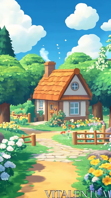 Sunny cottage garden path under bright blue sky.