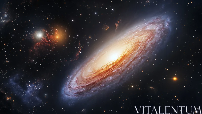 Spiral galaxy glows amid dense starfield and nebulae.