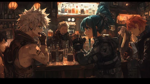 Warm cyberpunk bar meetup between scrappy anime friends.
