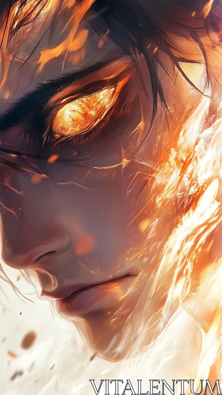 Profile portrait shows stylized face with integrated fire elements