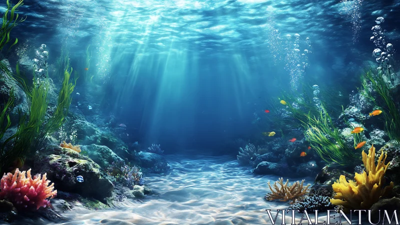 Subsurface reef corridor with volumetric caustic lighting field.