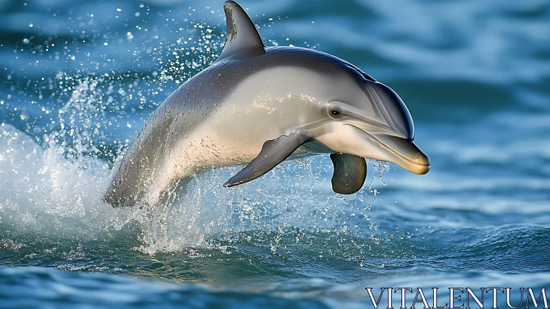 Dolphin leaps from ocean surface with water droplets suspended