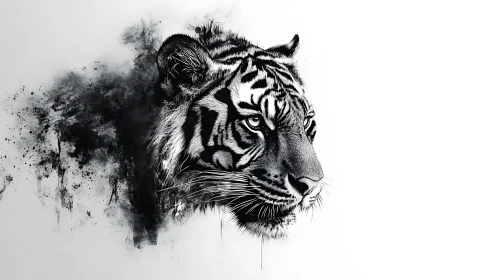Tiger portrait emerges from abstract ink clouds in silence