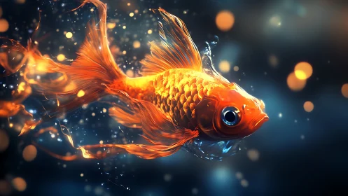 High-detail goldfish render with volumetric bokeh and fluid dynamics