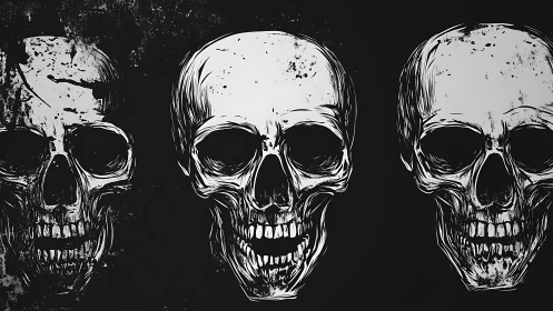 Triptych of monochrome skull illustrations on dark field.