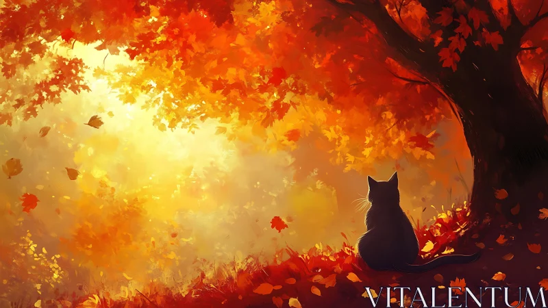 Cat silhouette sits under bright autumn tree at sunset