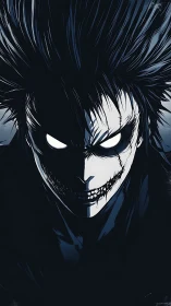 Sinister monochrome anime skull face in deep shadow.