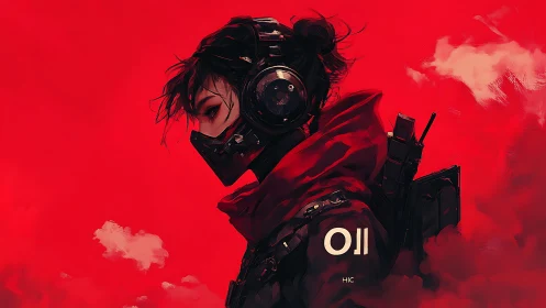 Red-cloaked tactical operative with headset mask in crimson haze