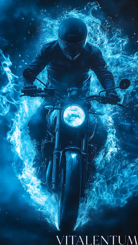 Motorcyclist rides through electric blue flames at night
