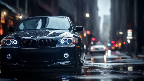 Low-angle wet-street view of BMW sedan under moody rainlight