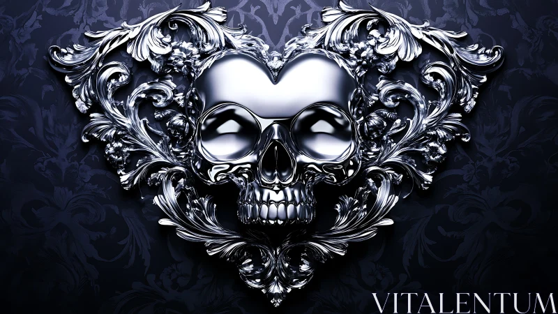 Chrome skull framed by baroque metallic filigree motif.