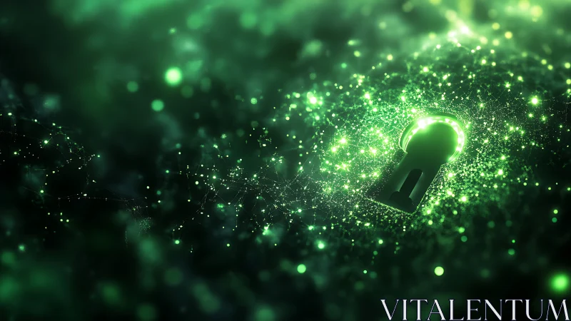 Digital keyhole icon within green data particle field.
