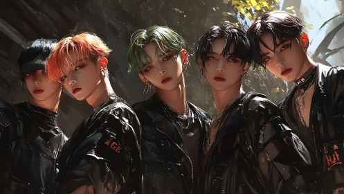 Stylish group of friends sharing bold neon streetlight vibes.