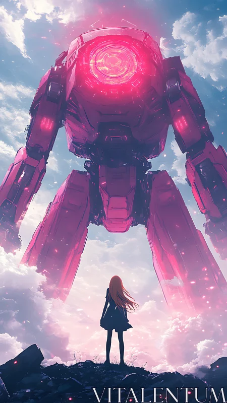 Girl confronts colossal pink mech above glowing clouds