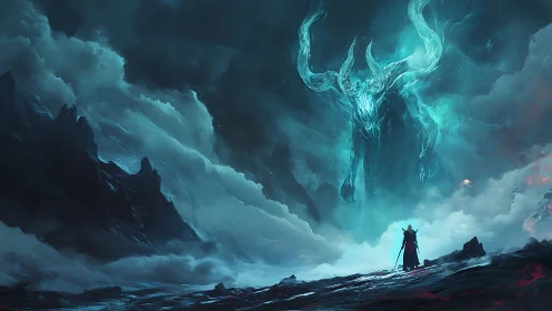 Lone cloaked warrior confronts vast glowing horned spirit