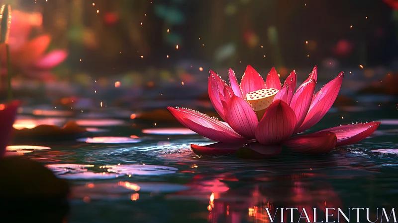 Volumetric-lit pink lotus rendered with high-gloss subsurface bloom