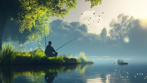 Quiet morning fishing by a sunlit, misty forest lake.
