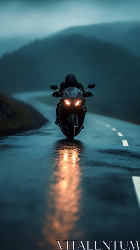 Midnight rider gliding through a rainy mountain highway.