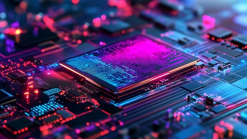 Neon lit processor on futuristic electronic circuit board.