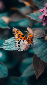 Macro study of orange butterfly on teal foliage bokeh