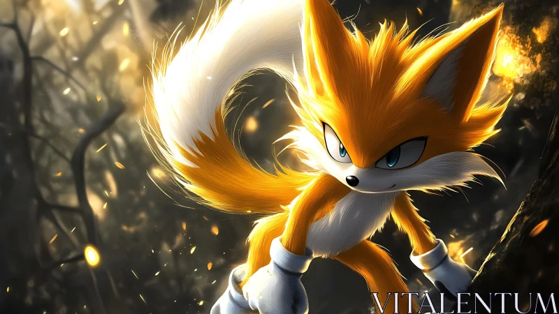 Dynamic twin-tailed fox rendered with volumetric lighting effects