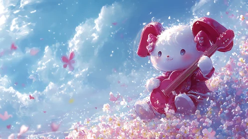 Blossom meadow bunny strumming pink guitar in skiescape.
