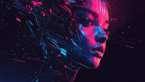 Neon-lit cybernetic portrait with fragmented holographic shards