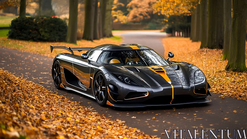 Black carbon-fiber supercar is parked on a leaf-covered road