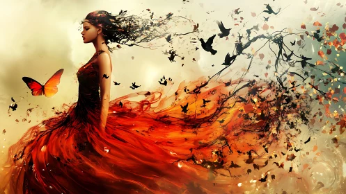 Woman in red dress dissolves into birds and abstract foliage