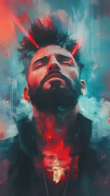 Neon-illuminated portrait shows upward gaze with radiating beams