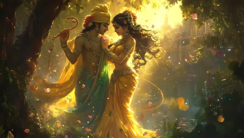 Sunlit forest lovers breathe golden music into the dawn