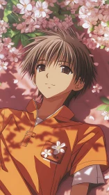Male anime character lies under cherry blossoms in shade