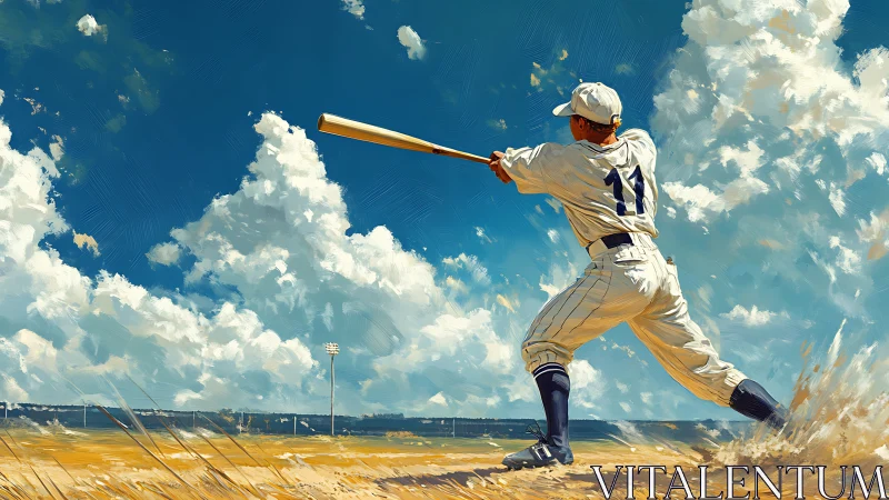 Dynamic baseball batter under cumuliform sky in digital oils.