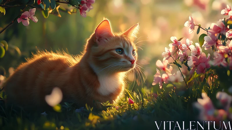 Orange Cat Among Spring Blossoms in Golden Sunlight.