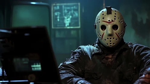 Masked night watcher studies glowing monitors in cold silence