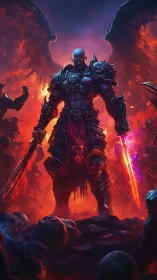 Demonic warlord commands hellfire battlefield in crimson armor