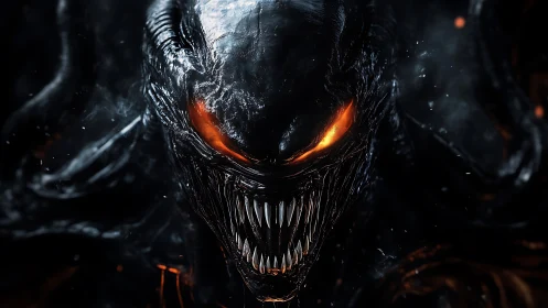 Molten-eyed void predator smiles through serrated midnight