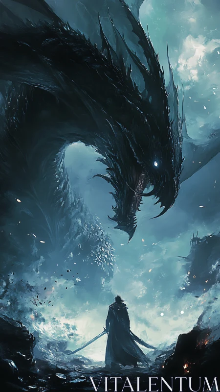 Dragon towers over lone cloaked warrior in stormlit chasm