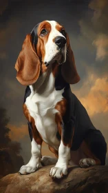 Basset hound portrait sits on rocky ledge under dramatic sky