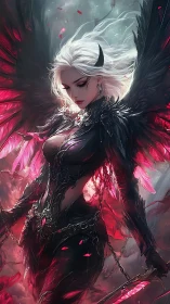 Dark winged battle seraph rendered in high-detail fantasy armor