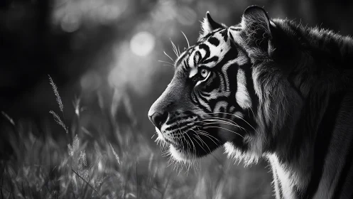 Solitary tiger gazes into soft light in monochrome silence