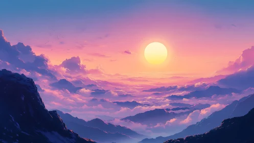 Dream-bright sunrise drifting above violet cloud kingdoms.